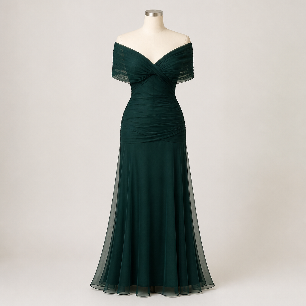 VeloraMist – Vestido de chiffon elegante, drapeado e com ombros descobertos, e saia sereia esvoaçante | elesira