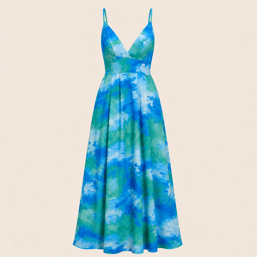SolaraLuxe - zwierige maxi-jurk met V-hals, aquarelprint en zakken | elesira