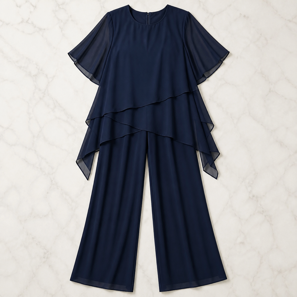 VioraEase – Ensemble pantalon deux pièces fluide à volants en mousseline, avec manches cape | elesira