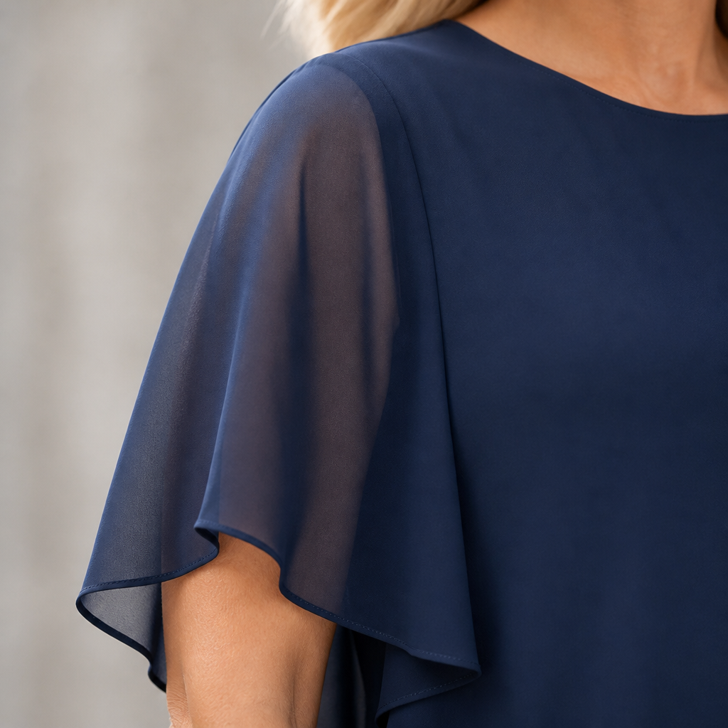 VioraEase – Ensemble pantalon deux pièces fluide à volants en mousseline, avec manches cape | elesira