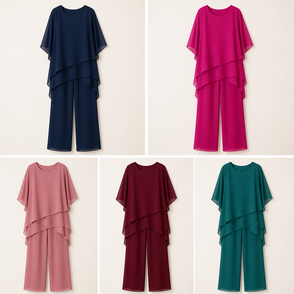 VioraEase – Ensemble pantalon deux pièces fluide à volants en mousseline, avec manches cape | elesira