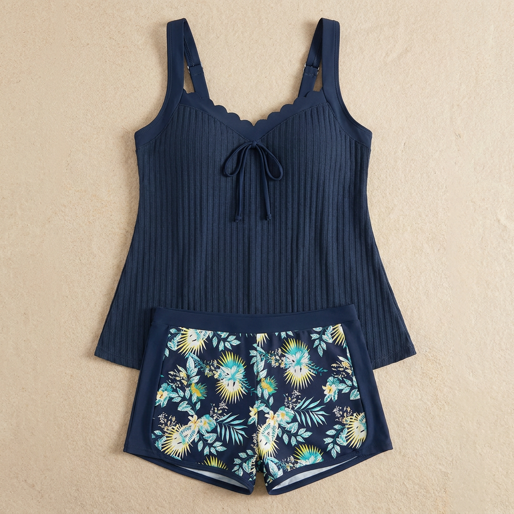 Solaira – conjunto de tankini fluido com atilhos à frente e partes de baixo tipo shorts | elesira