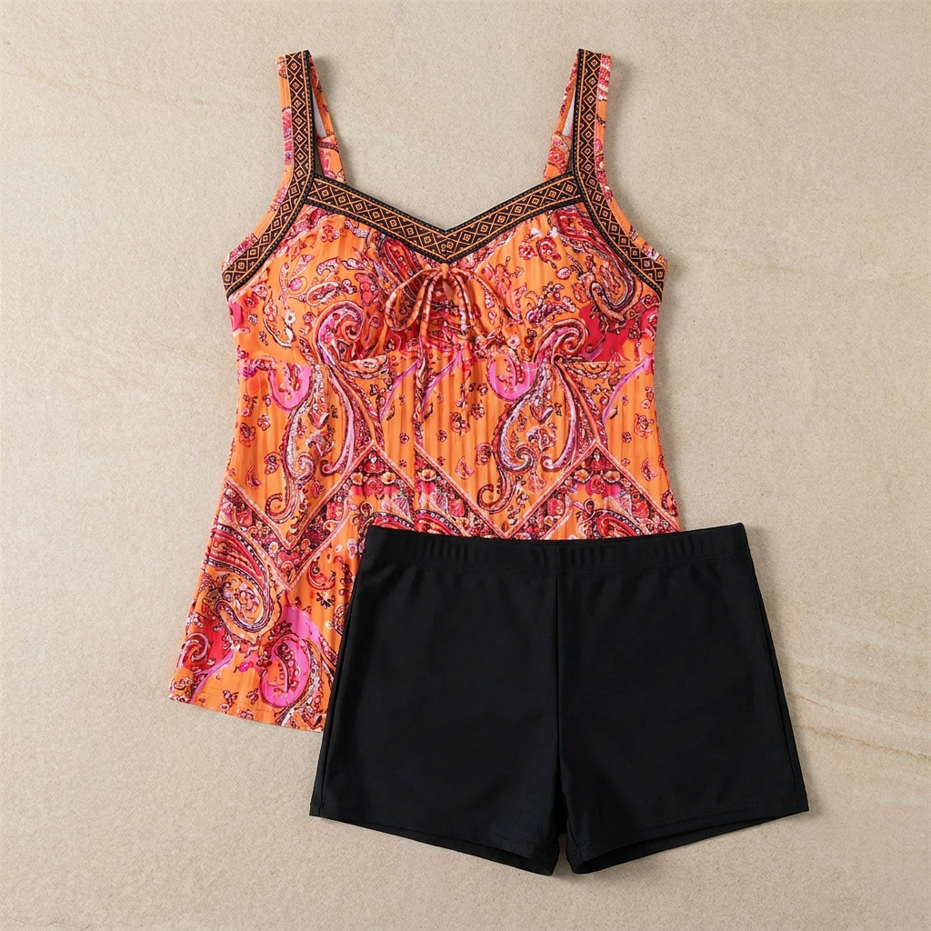 Solaira – conjunto de tankini fluido com atilhos à frente e partes de baixo tipo shorts | elesira