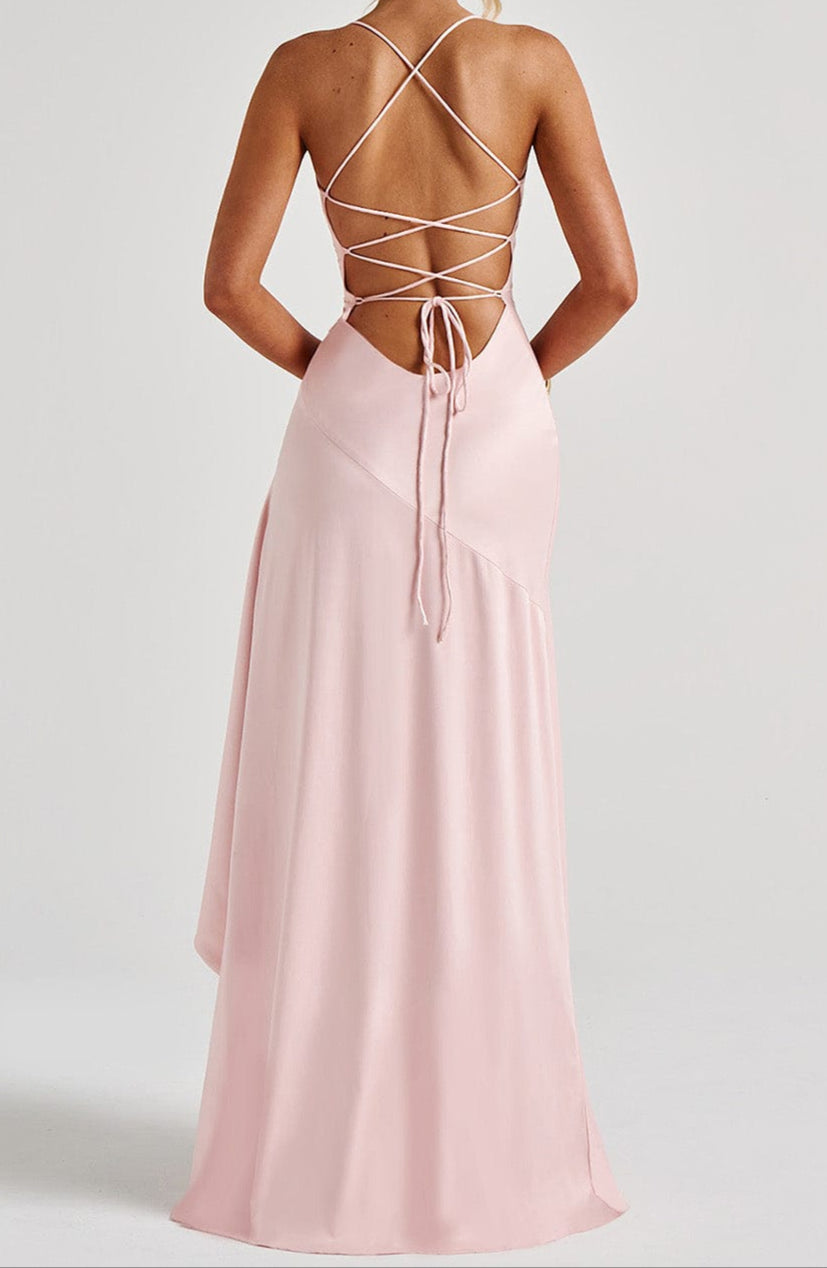 Sophisticated Satin Maxi Dress in Soft Pink | elesira