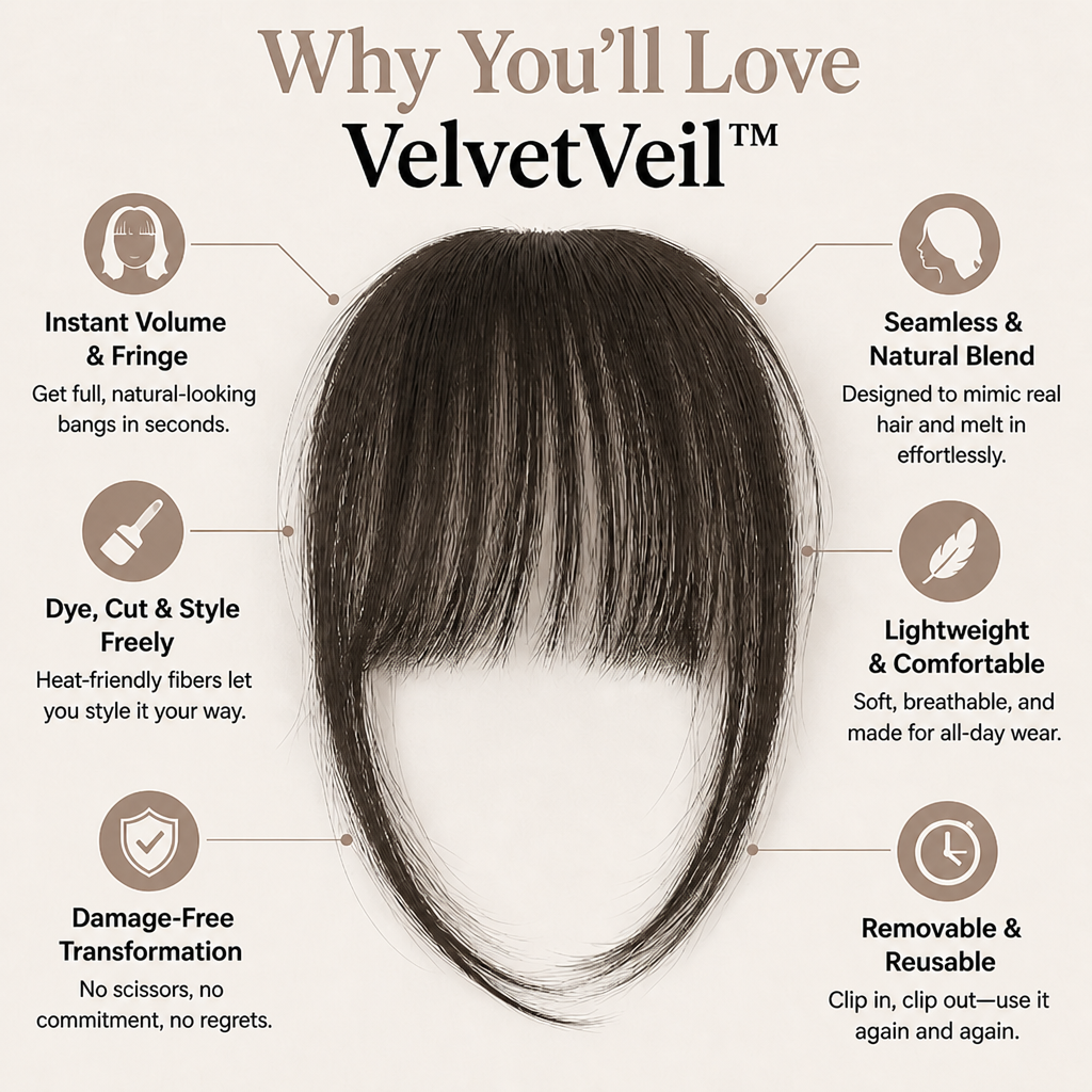VelvetVeil | Instantly Own Every Room with Effortless, Flawless Bangs | elesira